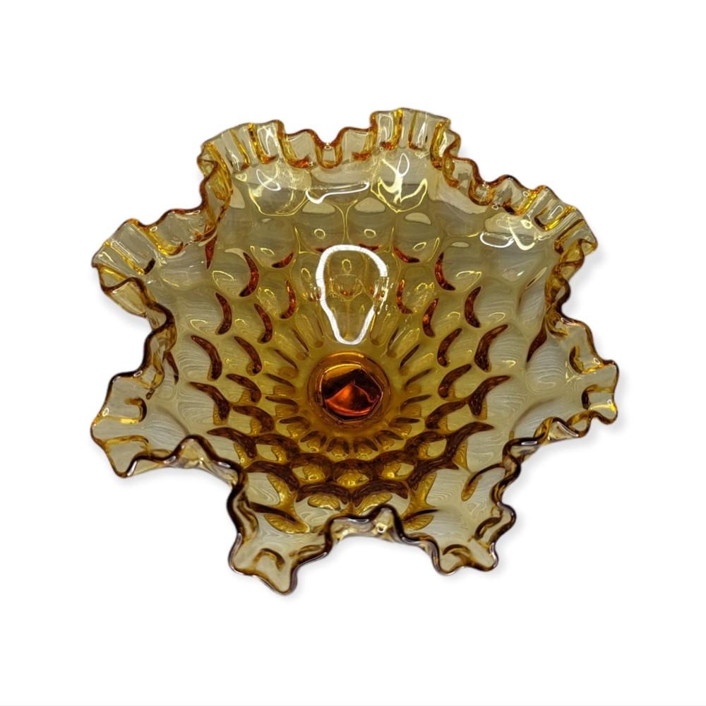 Vintage Fenton Thumbprint Ruffled Honey Amber Compote Glass Dish - Picture 2 of 5